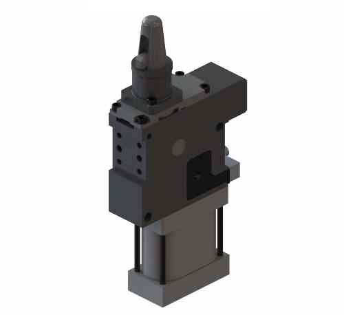Backlash free centering of the part Variable clamping position until to 3 mm. Steel flanks Customized hooks, locator pins and top plates 2 mounting areas (front and rear) Pneumatic cylinder bore : 63 mm. 4 feeding ports G1/4” Inductive proximity switch : 3 LEDS, connection M12x1 Flowing weld splashes protection Max clamping force (5 bar) : 220 / 280 daN Holding moment : 330 daN Working pressure : 5 - 8 bar Weight : ~ 7,5 Kg.